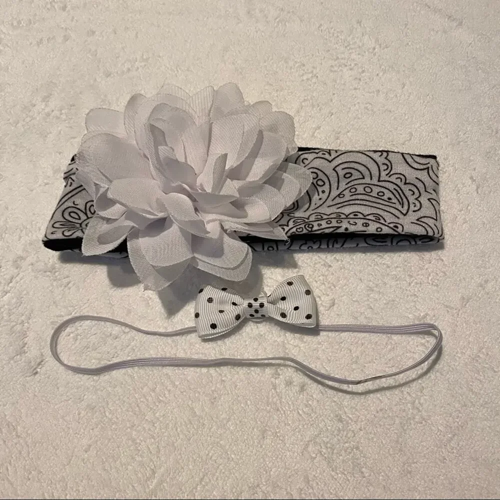 Set of 2 Baby Girl Headbands Black & White Flower & Bow Polka Dots Paisley Print